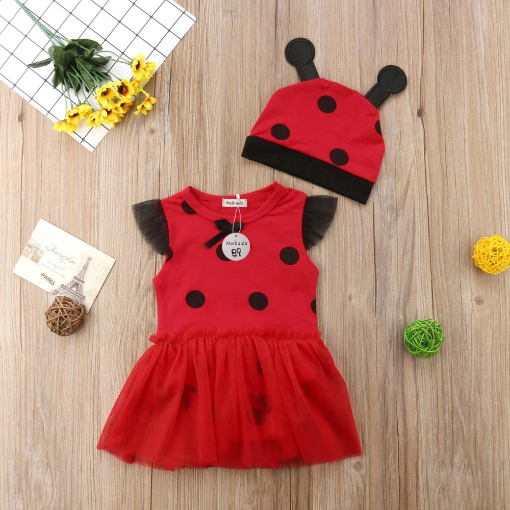 2Pcs Girl Outfits, Ladybug Dot Romper + Hat, Sleeveless Jumpsuit + Cap