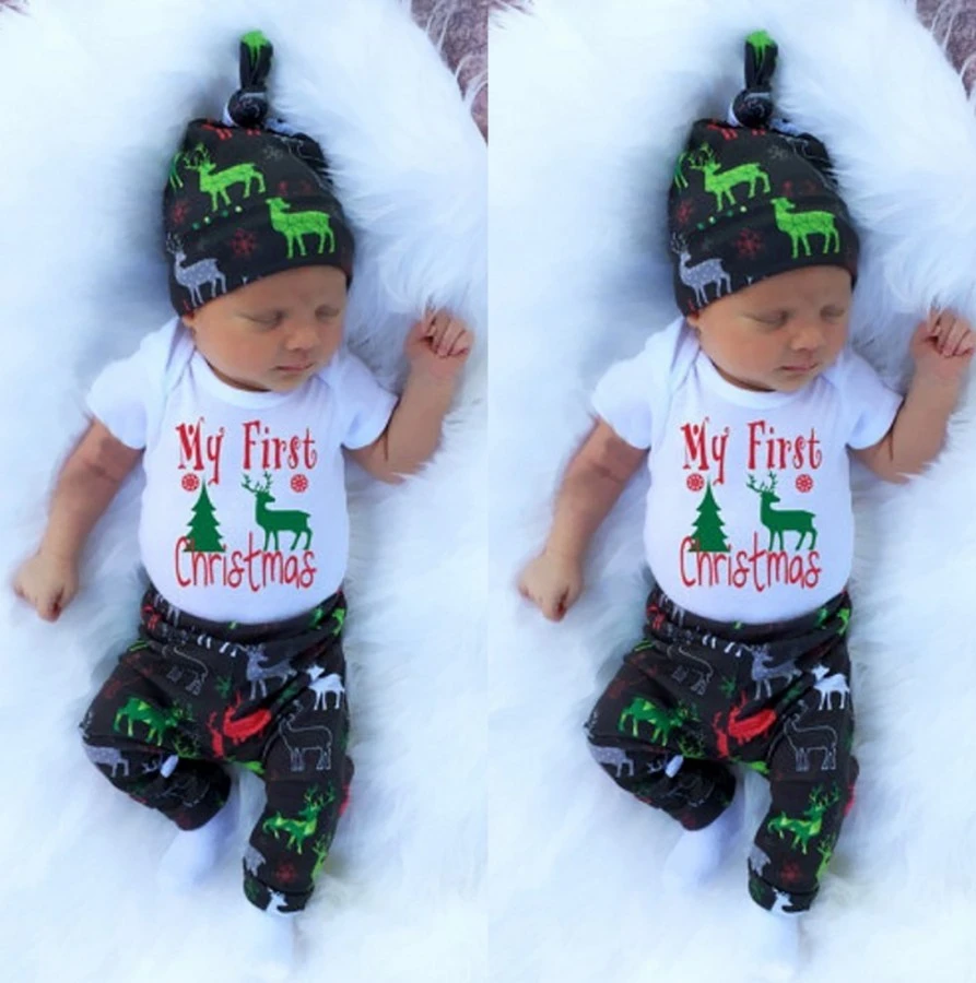 Infant Baby Boy Girl Suit, Romper Tops+Long Pants+Deer Printed Hat