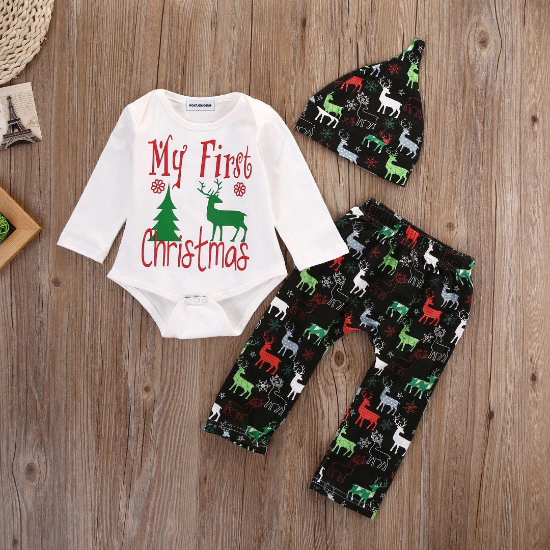 Infant Baby Boy Girl Suit, Romper Tops+Long Pants+Deer Printed Hat