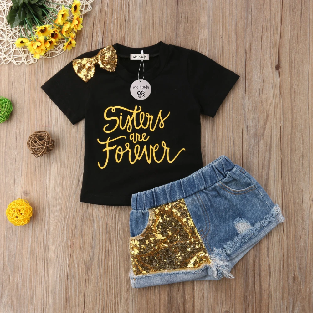 Girls 2Pcs Clothing Bow Letter Printed Short-Sleeved T-shirt +Denim Shorts