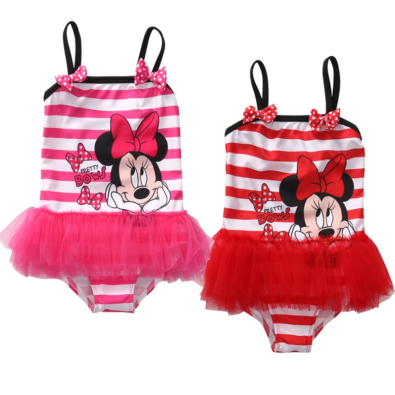 Little Girls Bathing Suit, Striped & Mouse Printed Sling Mesh TuTu Hem Swimwear