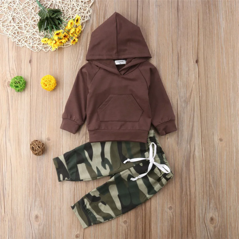 Boy's Brown Long Sleeve Hooded Tops + Drawstring Camouflage Pants