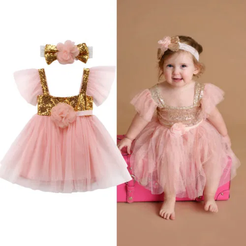 Baby Girls Princess Clothes Set Short Sleeve Tutu Dresses + Floral Headband