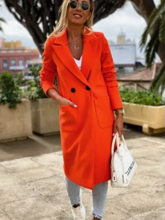 Women’s Cardigan Jacket, Solid Color Buttons Collar Long Sleeve Knee Length Coat