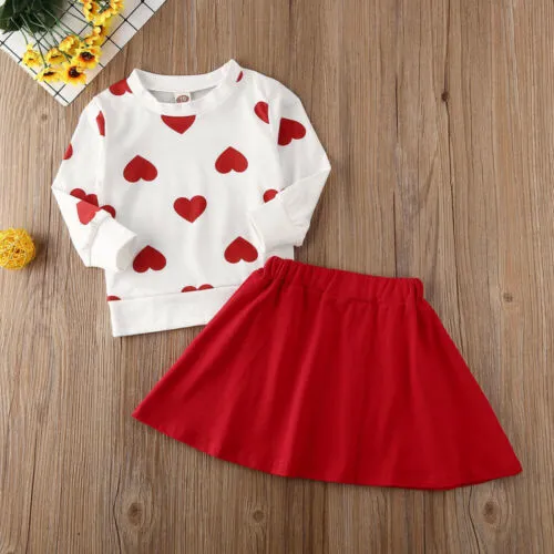 Baby Girls Autumn Clothes Set Long Sleeve Heart Print Tops+Solid Color Skirt