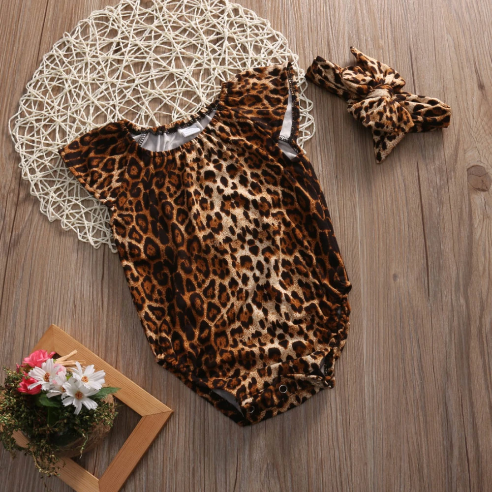 Girl's Leopard Printed Romper Set, Ruffled Sleeveless Bodysuit with Hairband