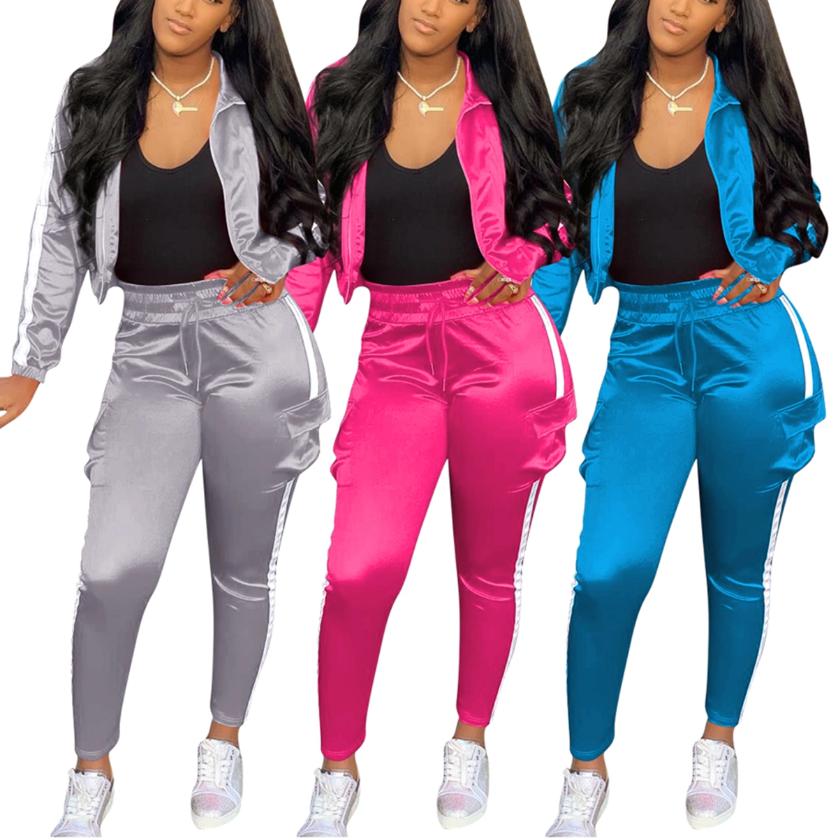 Women Outfits Suit Set Zipper Turn-Down Collar Jacket Pants Tracksuit