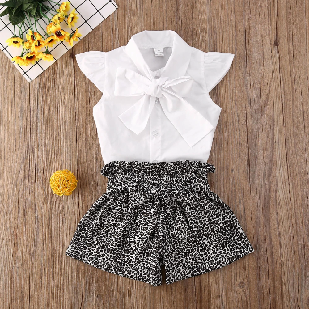 Baby Girl Summer Clothes Set Bow Tied Neck Button Up Shirt Top Leopard Shorts