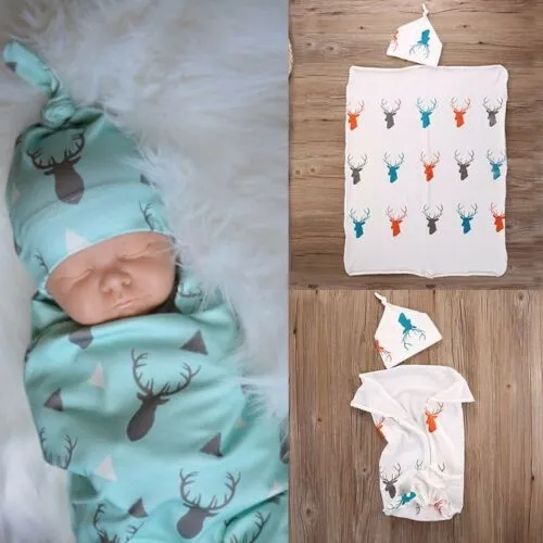 Baby Swaddle Blanket with Beanie Hat, Cute Deer Pattern Soft Stretchy Sack