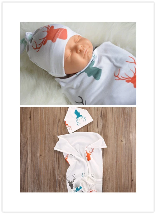 Baby Swaddle Blanket with Beanie Hat, Cute Deer Pattern Soft Stretchy Sack