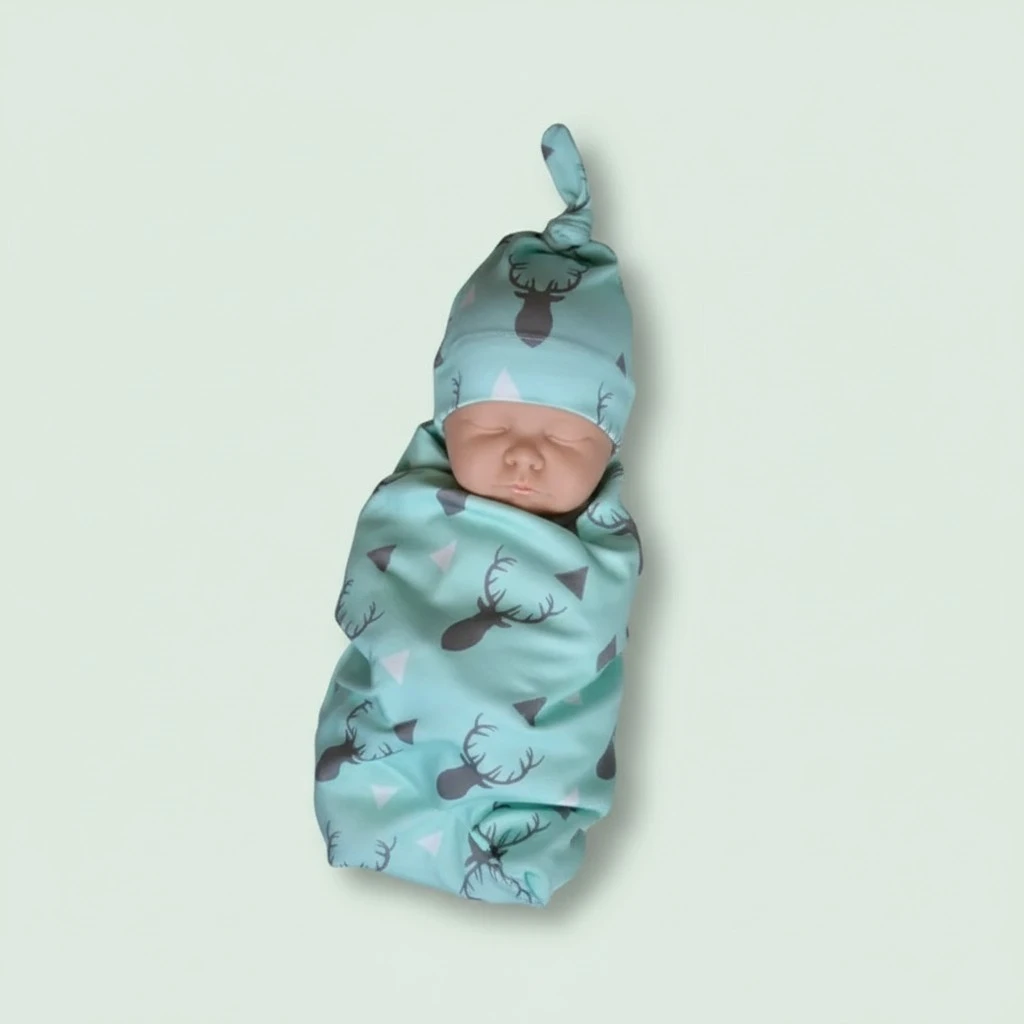 Baby Swaddle Blanket with Beanie Hat, Cute Deer Pattern Soft Stretchy Sack