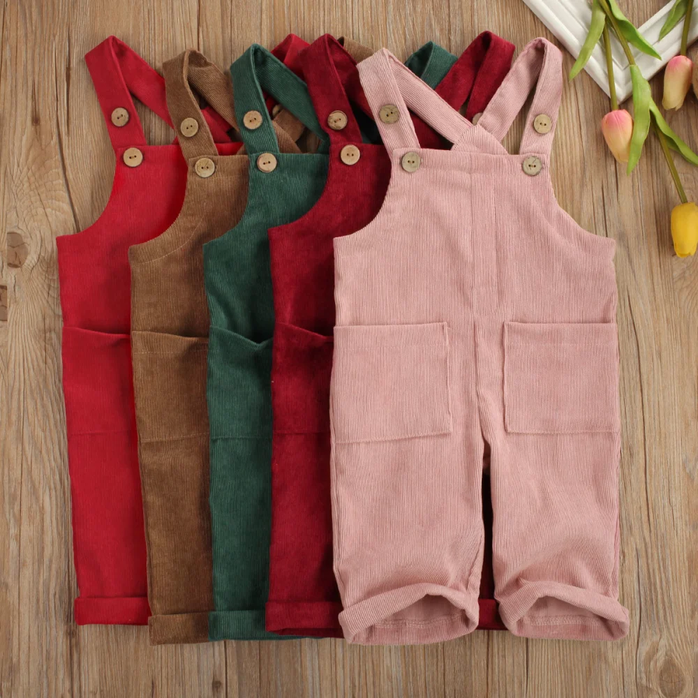 Toddler Baby Corduroy Suspender Rompers Solid Color Adjustable Pockets Overalls