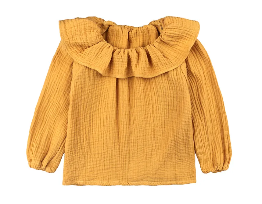 Girl's Autumn Yellow Long Sleeve Peter Pan Collar Loose Fit Blouse