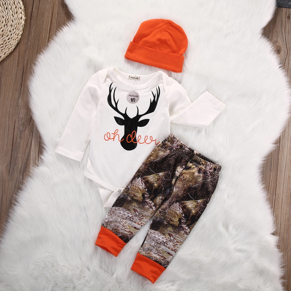 Newborn Baby’s Cartoon Antlers Jumpsuit Print Long Pants with Hat