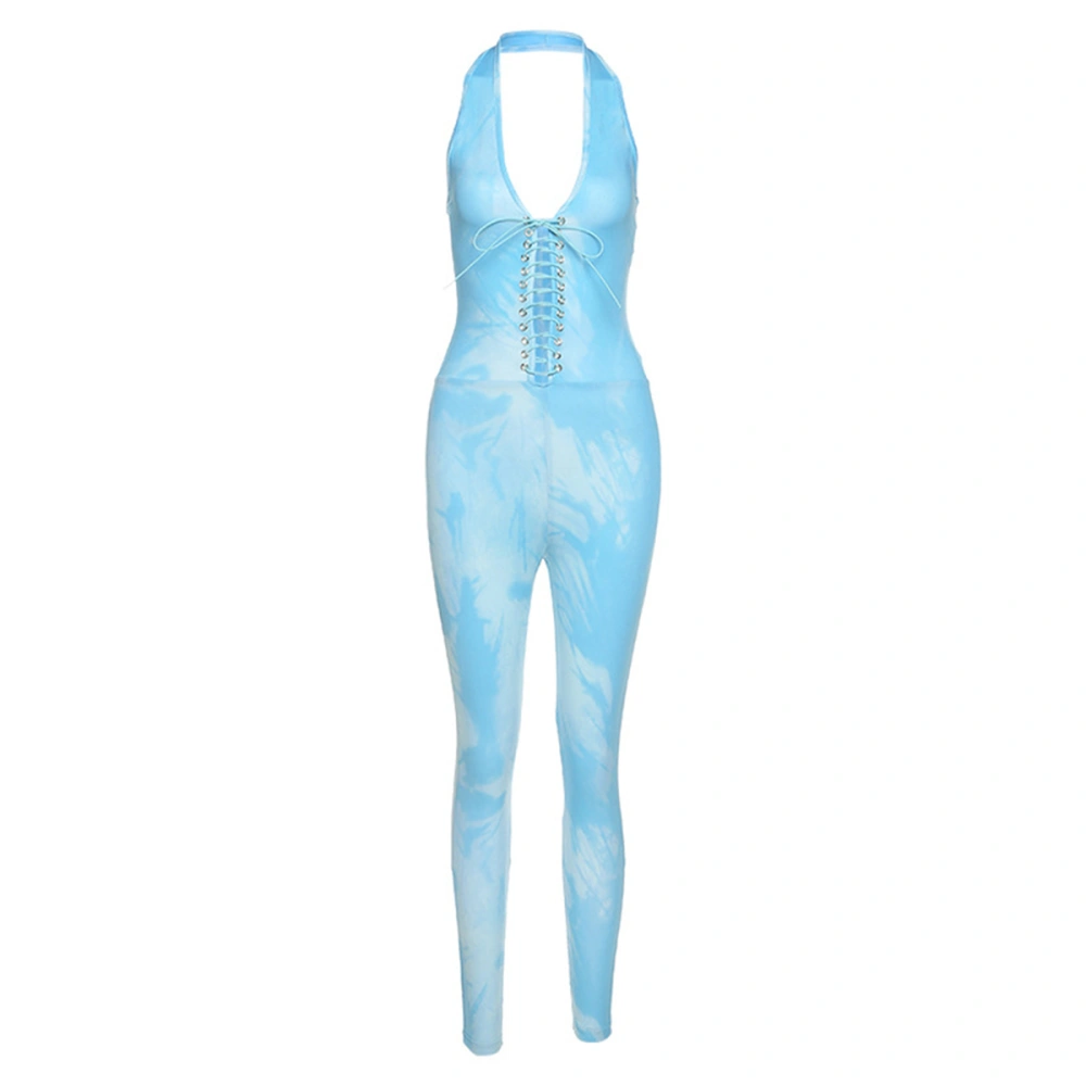 Women's Halter V-Neck Bodysuit, Tie-Dye Sleeveless Long Bandage Romper