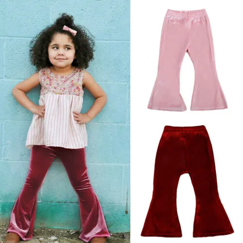 Baby Girls Velvet Flare Trousers Solid Color Elastic High Waist Bell Bottom