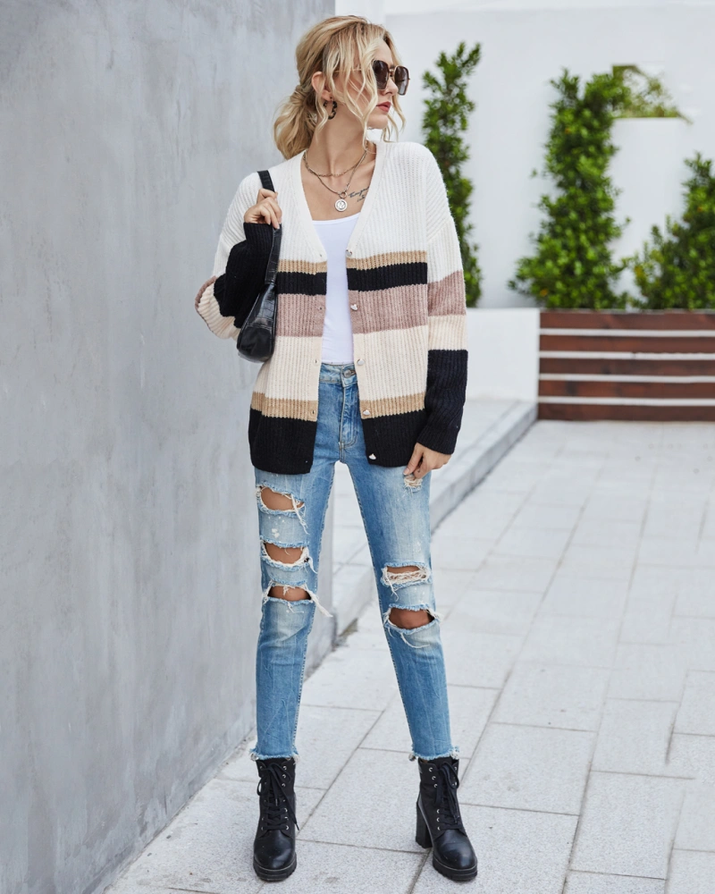 Women Long Sleeve Color Block Coat Fashion Knitwear for Ladies