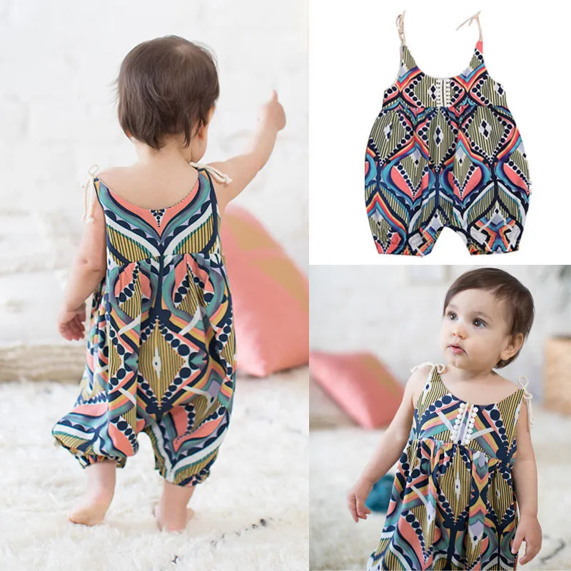 Baby Girls Summer Romper, Sling Shoulder Straps Tie Printed Romper, 0-18 Months