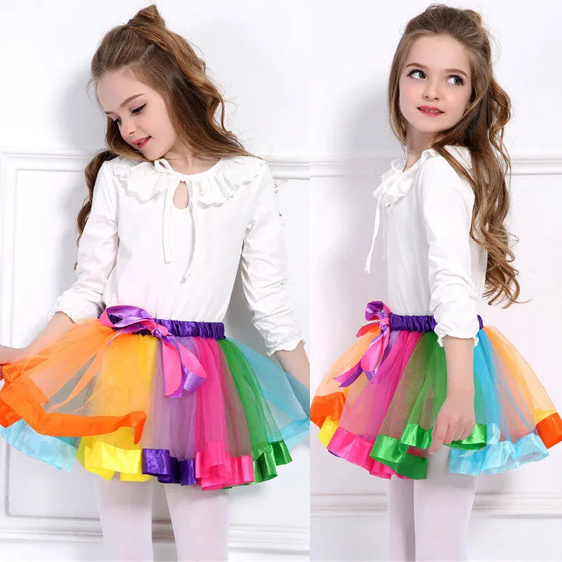 Baby Girls Tutu Skirt Rainbow Color Bow Multilayer Mesh Princess Costumes