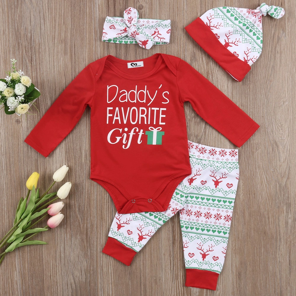 Baby Girls Xmas 4PCS Outfit Set Letter Romper+Long Pants+Hair Band+Beanie Hat