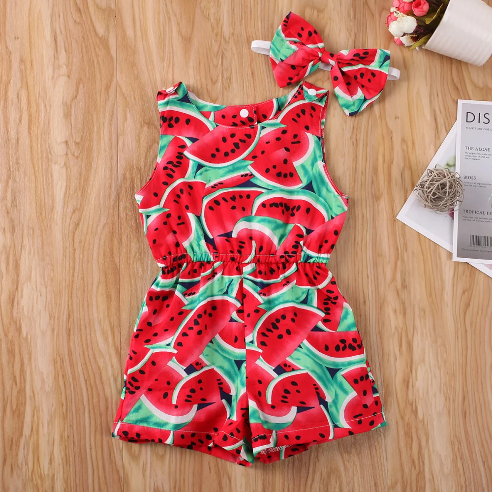 Baby Girls Summer Clothes Set Sleeveless Fruit Print Romper+Bowknot Headband