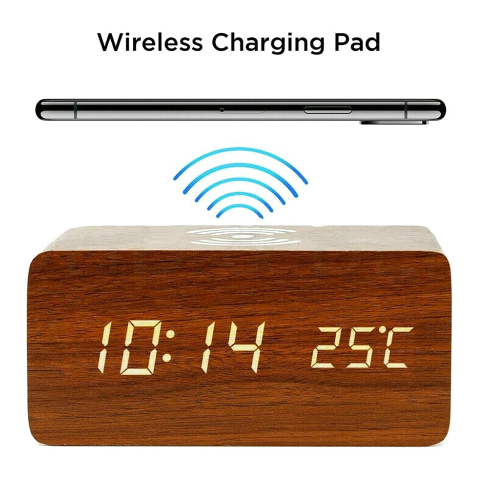 LED Electric Digital Alarm Clock Qi Wireless Charging Clock Phone Charger