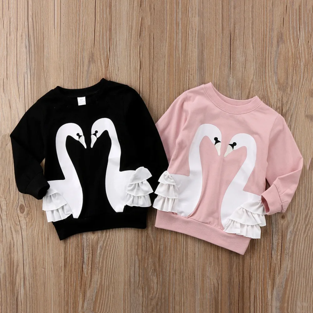 Kids Casual Warm Sweater Top, Swan Print Ruffles O-Neck Long Sleeve Pullover