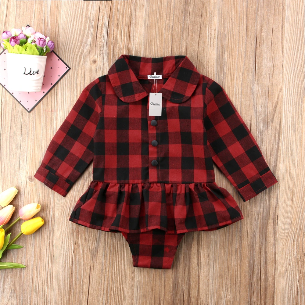 Baby Girl Plaid Cotton Romper Long Sleeve Button Lapel Bodysuit