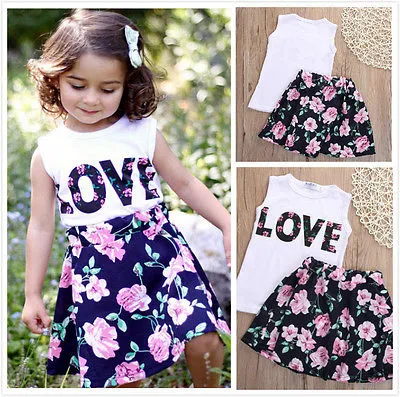 Little Girls 2PCS Outfit Set, Sleeveless Letter Top, Rose Patterns Short Skirt