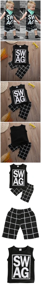 Boys 2 Pieces Outfit, Letter Print Vest Tops + Plaid Short Pants Set