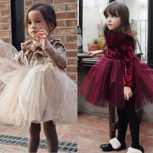 Baby Girls Velvet Fleece Ruffle Dress Round Neck Long Sleeves Dress