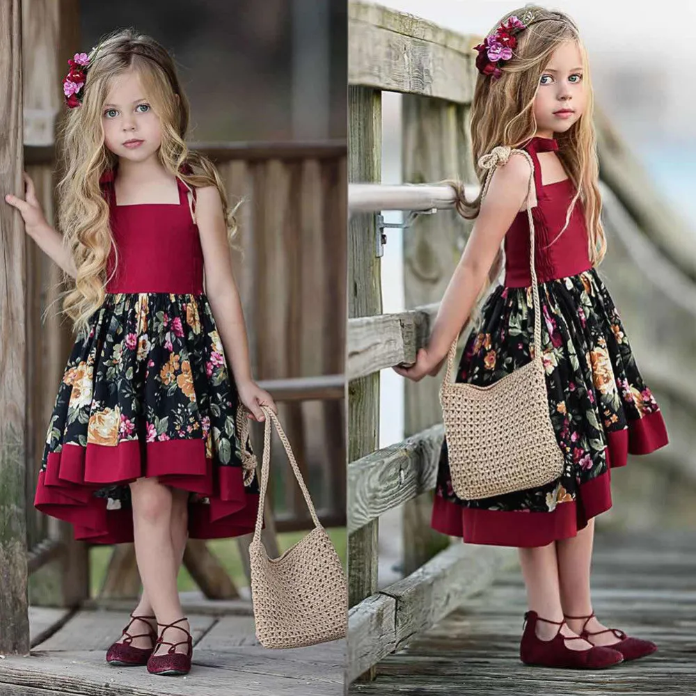 Baby Girls Summer Sleeveless Dress Sweet Floral Lace-up Pleated Sundress