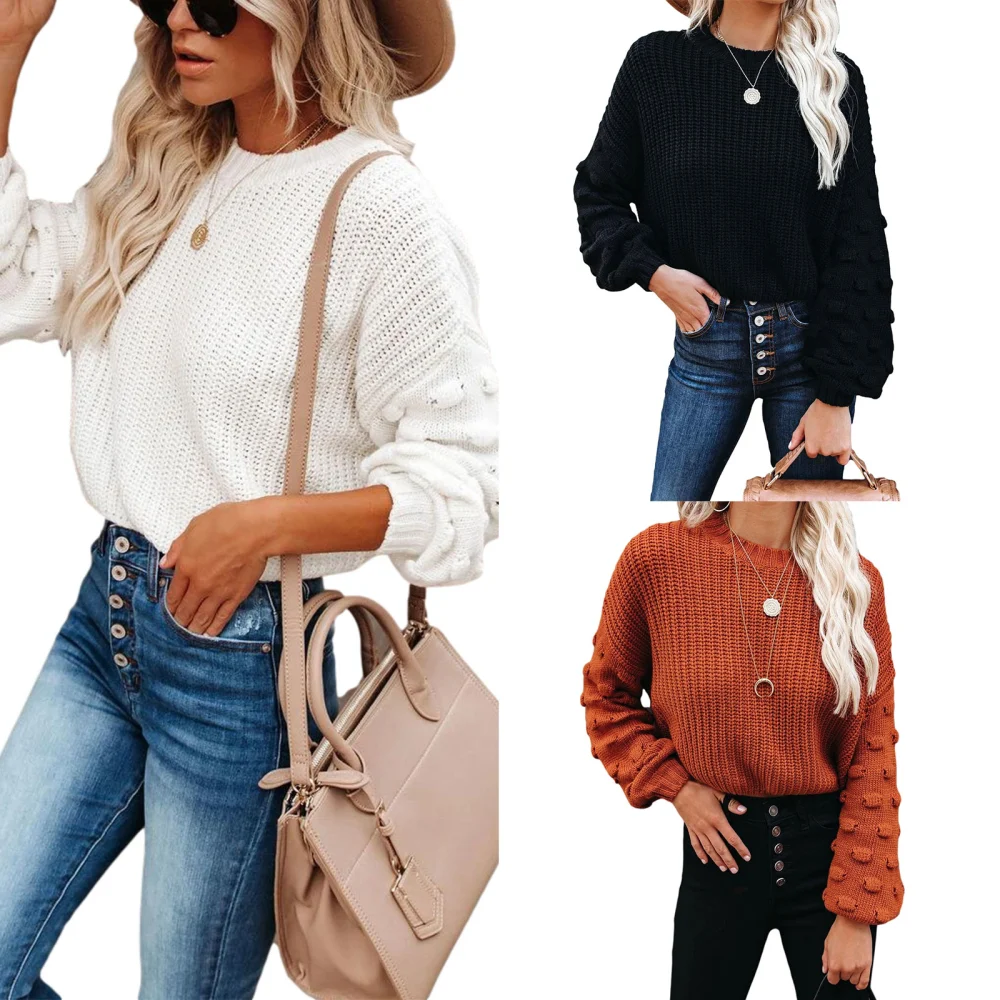 Women Stylish Long Sleeve Round Neck Top Fashion Knitwear for Ladies