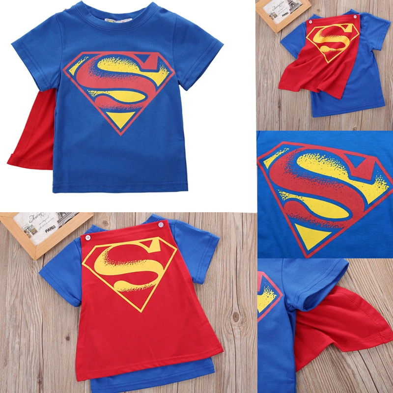 Little Kids Summer Top Shirt, Short Sleeve Round Neck Super Man/Bat Top