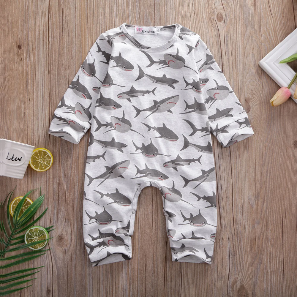 Kids Autumn Long Sleeve Round Neck Shark Print Casual Romper