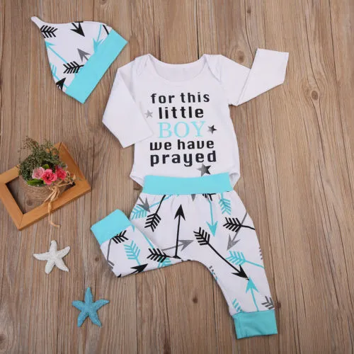 Baby Boys Long Sleeve Letter Romper+Arrow Print Long Pants+Hat 3Pcs Outfits