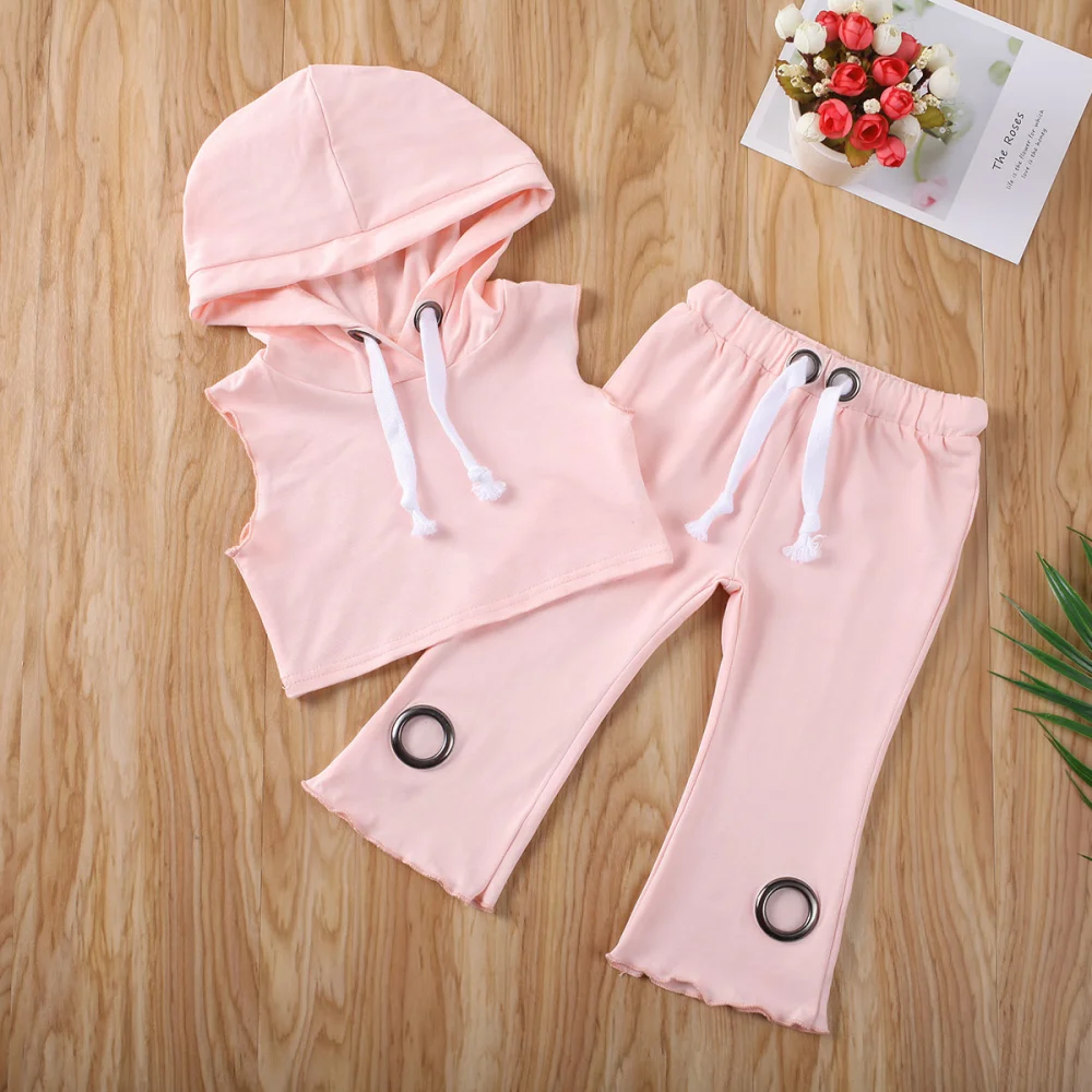 Girl 2 Pieces Outfit, Pink Sleeveless Hoodie Tops + Sweatpants