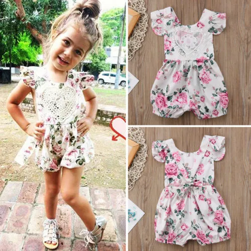 Newborn Baby Girls Summer Romper, Bandage Floral Print Jumpsuit with Floral Lace