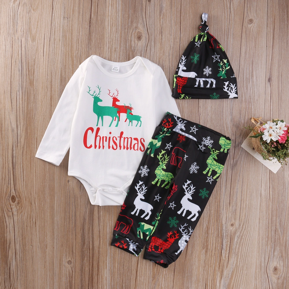 Baby 3PCS Outfit Set, Long Sleeve Reindeer Romper, Printed Pant, Beanie Hat