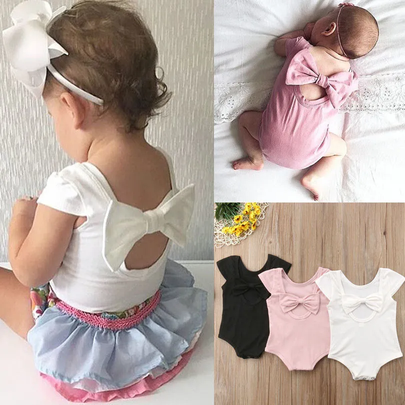 Baby Girl Casual Romper, Short Sleeve Back Bowknot Decoration One-Piece Cloth