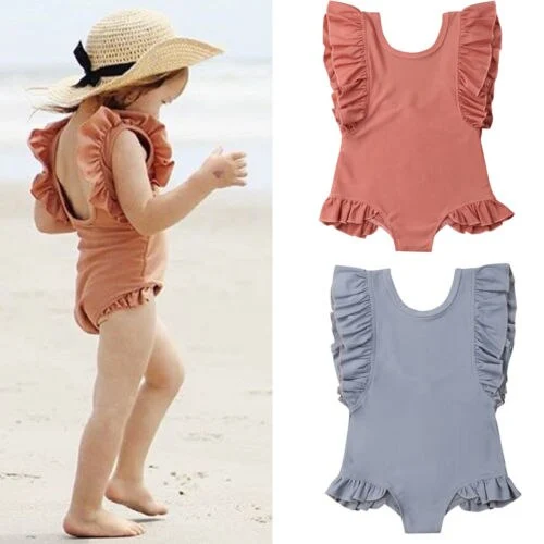 Baby Girls Summer One-piece Swimsuit Sleeveless Solid Color Ruffle Swimwear