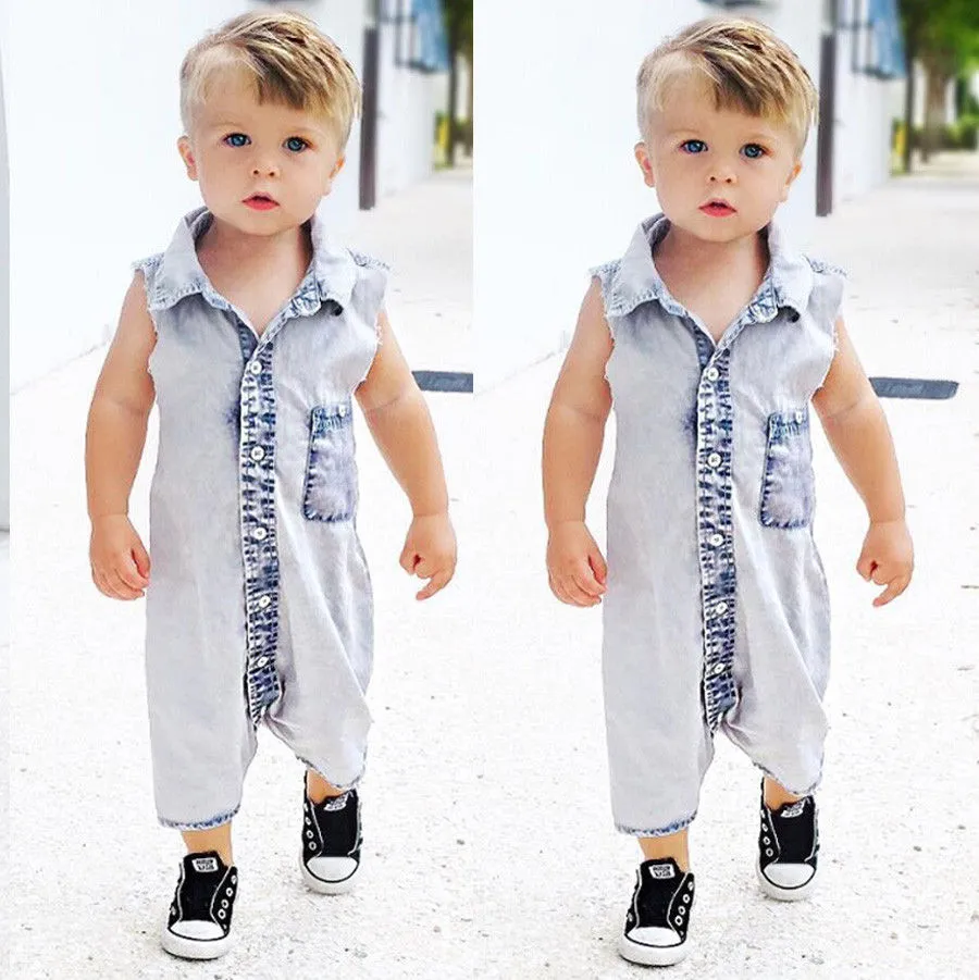 Boys' One-piece Denim Bodysuit, Sleeveless Front Button Baby Jumpsuit