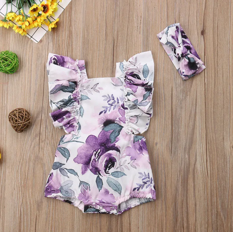 Baby Girls Romper Headband Outfits Floral Print Ruffles Jumpsuit Headwear Set