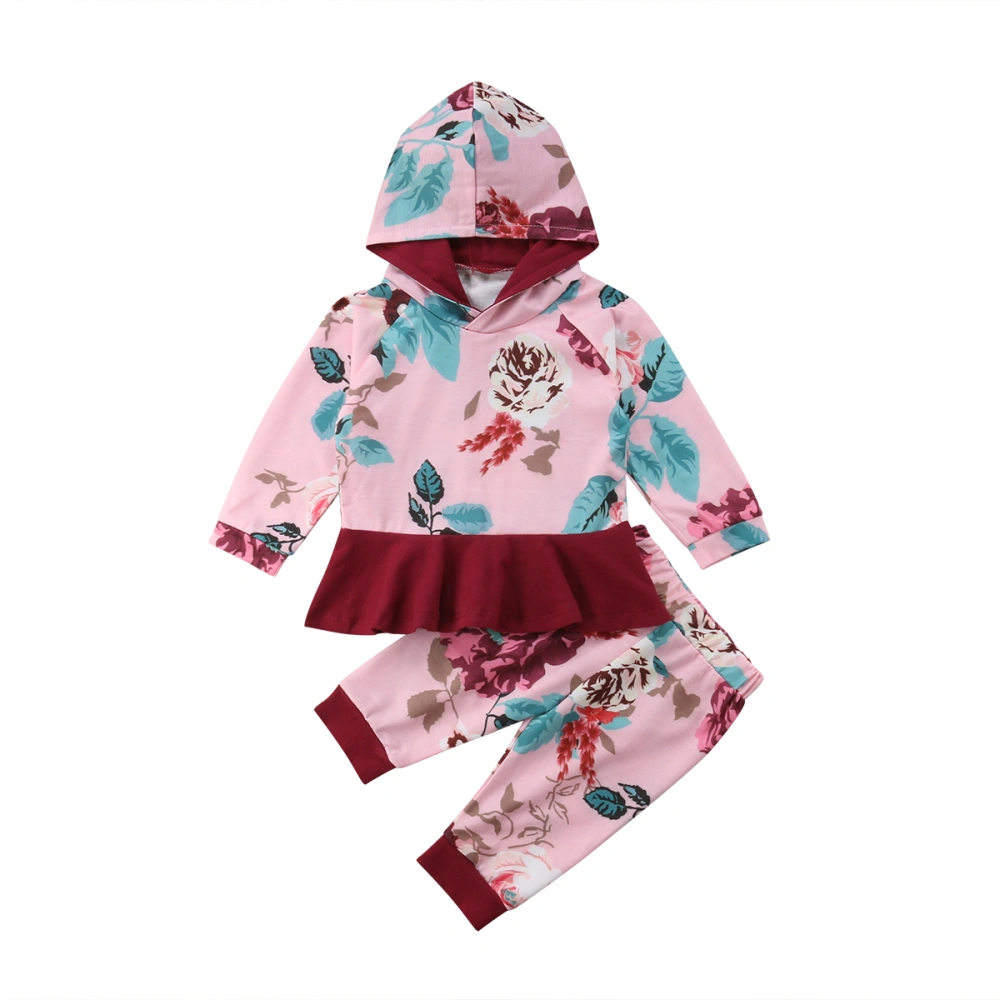 Girl's Flower Long Sleeve Ruffled Hem Hooded Tops with Long Pants