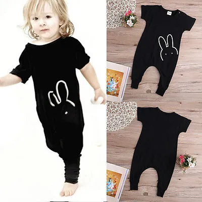 Boys Girls Jumpsuit, Cartoon Rabbit Print Short Sleeve Romper