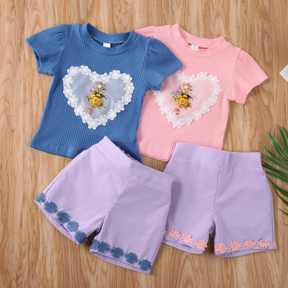 2Pcs Toddlers Summer Outfits, Short Sleeves Tops + 3D Flower Shorts