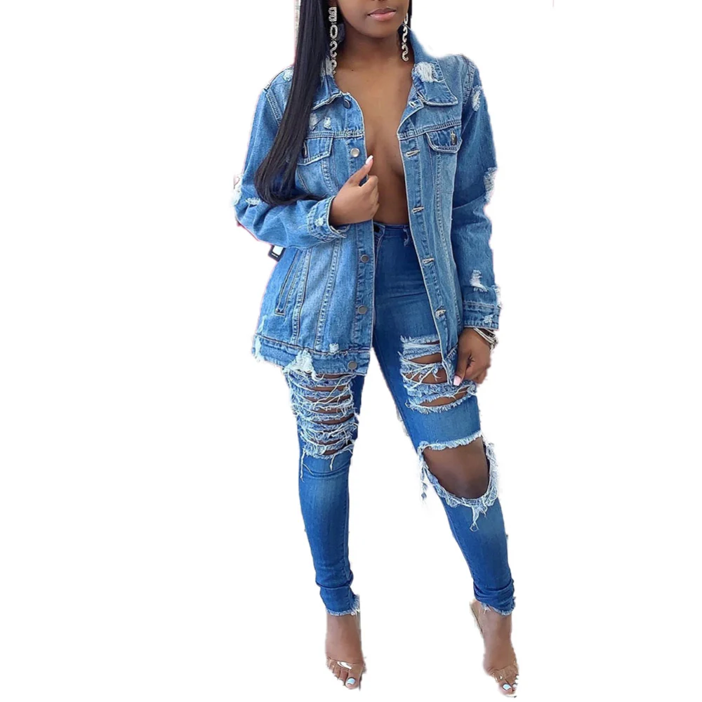 Women Oversize Washed Denim Jacket Ripped Hole Distressed Coat