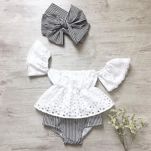 Baby Girls Clothes Set, Hollow Out Off Shoulder Tops+Striped Shorts+Headband