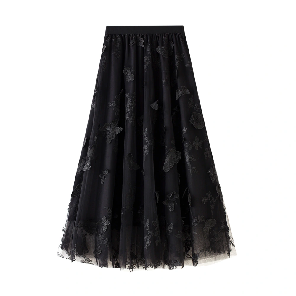 Women's Long Tulle Skirt High Elastic Waist Embroidery 3D Butterfly Midi Skirt