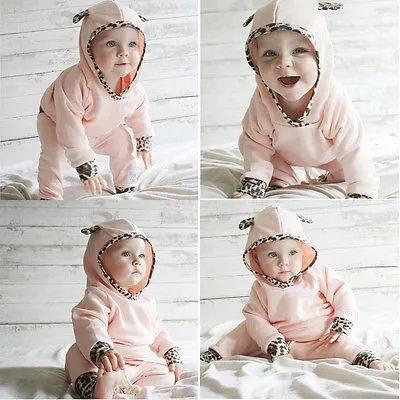 Baby Girl Clothes Set Long Sleeve Hooded Leopard Print Sweatshirt + Long Pants